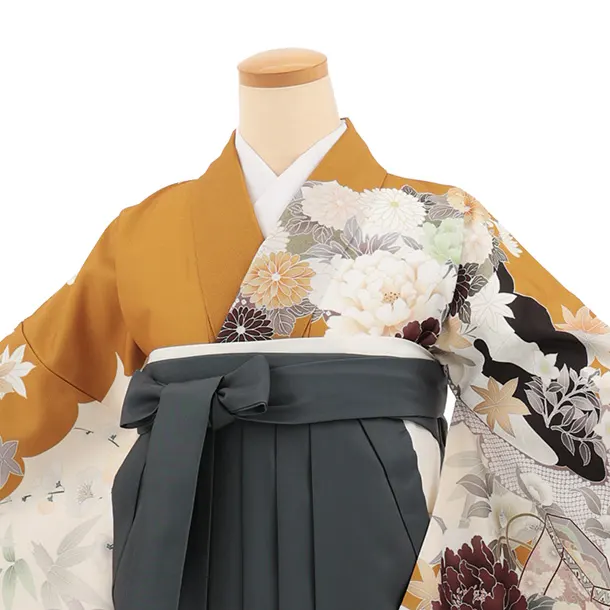 卒業袴T278金茶古典花×グレー花　