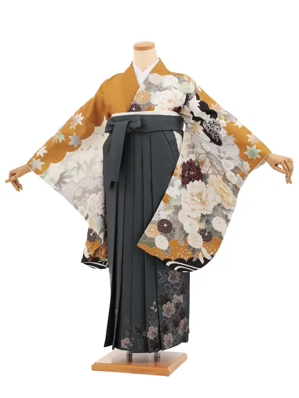 卒業袴T279金茶古典花×グレー花　　