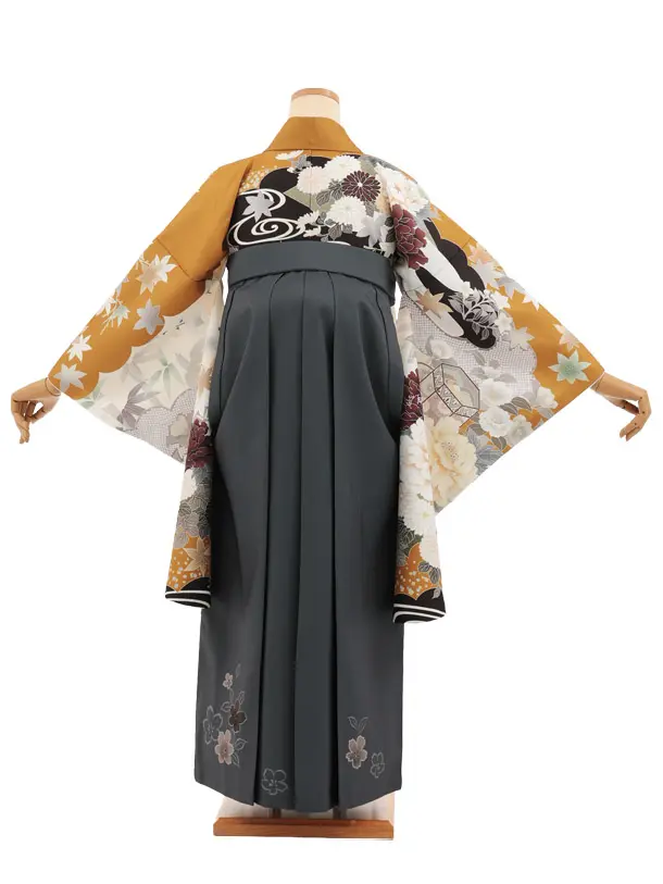 卒業袴T279金茶古典花×グレー花　　