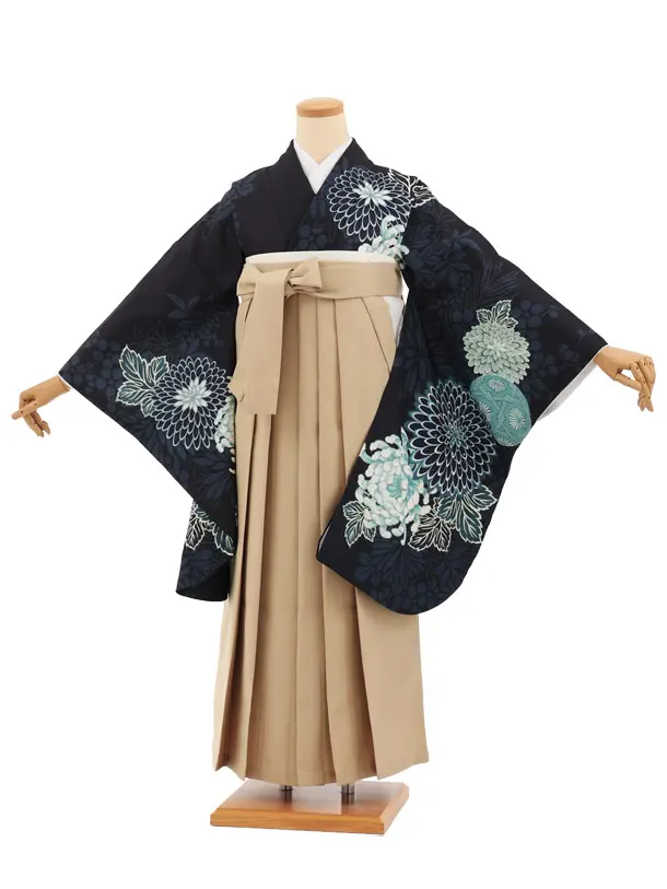 卒業袴T280紺地まりに菊×モカベージュ　