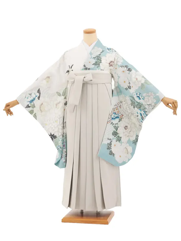 卒業袴T283ペールミント染め分け花×ベージュレザー調　