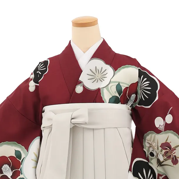 卒業袴T285ボルドー梅椿×ベージュレザー調　　　