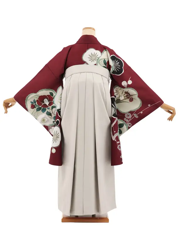 卒業袴T286ボルドー梅椿×ベージュレザー調　　　　