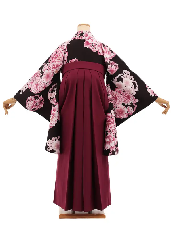 先生,教員向け袴レンタルT291黒地雪輪花×ワイン　