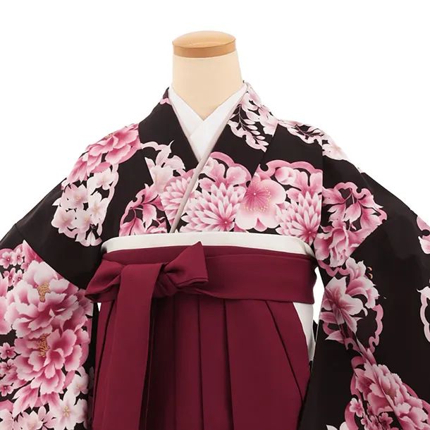 先生,教員向け袴レンタルT291黒地雪輪花×ワイン　