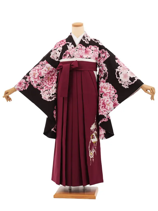 先生,教員向け袴レンタルT292黒地雪輪花×ワイン　　