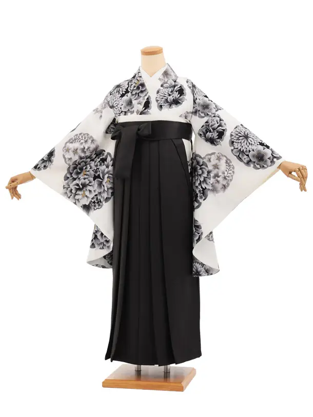 卒業袴T295白地雪輪花×黒レザー調　　