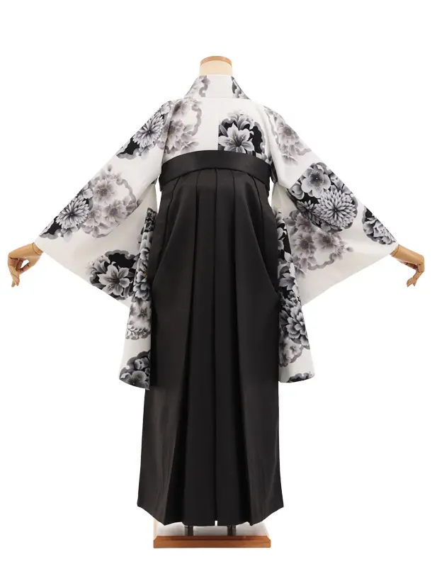 卒業袴T295白地雪輪花×黒レザー調　　