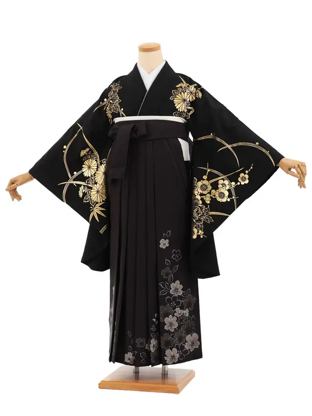 卒業袴T296黒地金彩ぼたん×黒花　