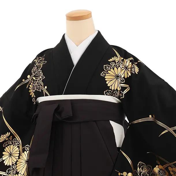 卒業袴T296黒地金彩ぼたん×黒花　