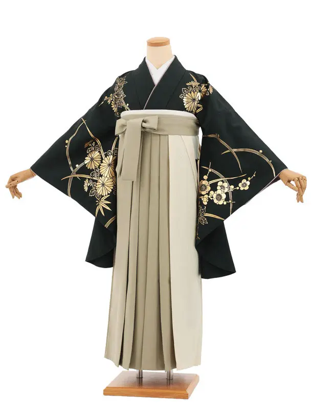 卒業袴T299深緑金彩ぼたん×クリームグリーンセパレート　