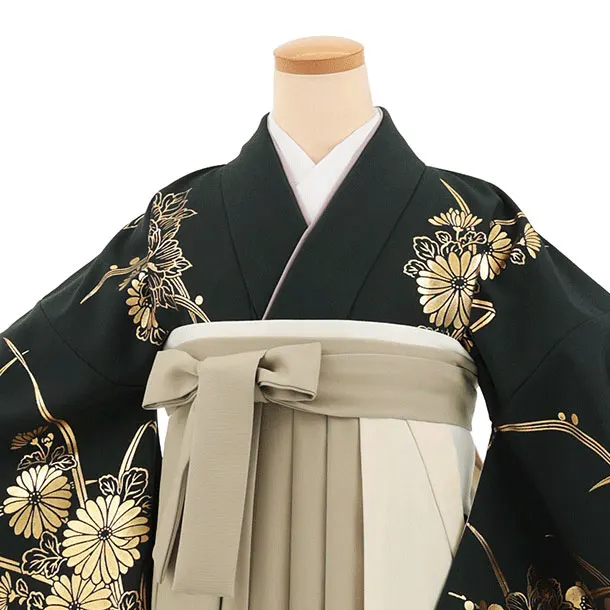 卒業袴T299深緑金彩ぼたん×クリームグリーンセパレート　