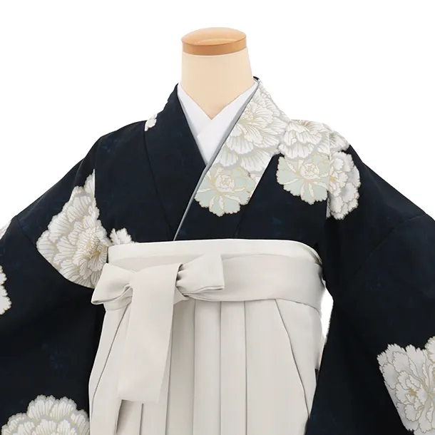 先生,教員向け袴レンタルT303ネイビー花×ベージュレザー調　