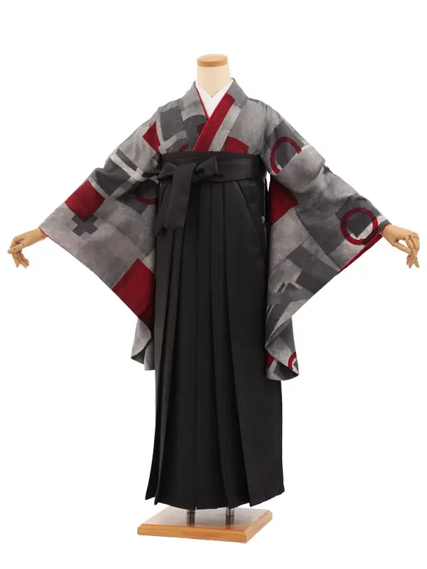 卒業袴T305グレー赤幾何学×グレー　