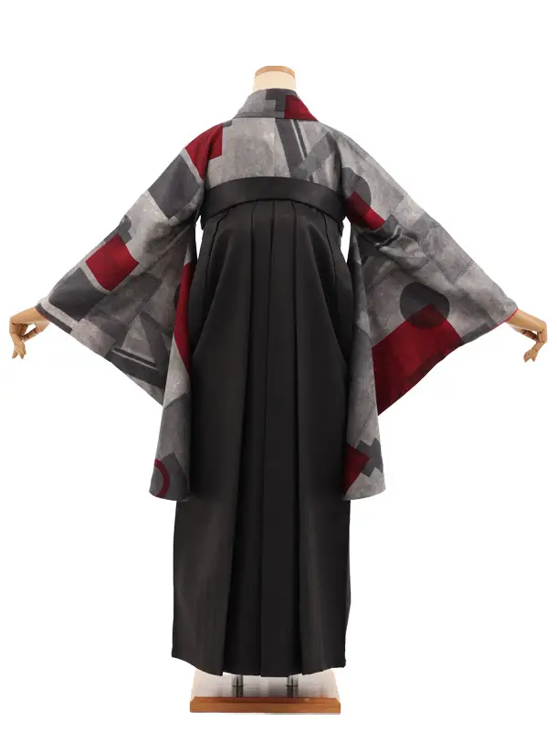 卒業袴T305グレー赤幾何学×グレー　