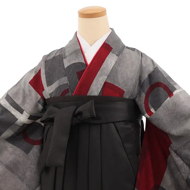卒業袴T305グレー赤幾何学×グレー　