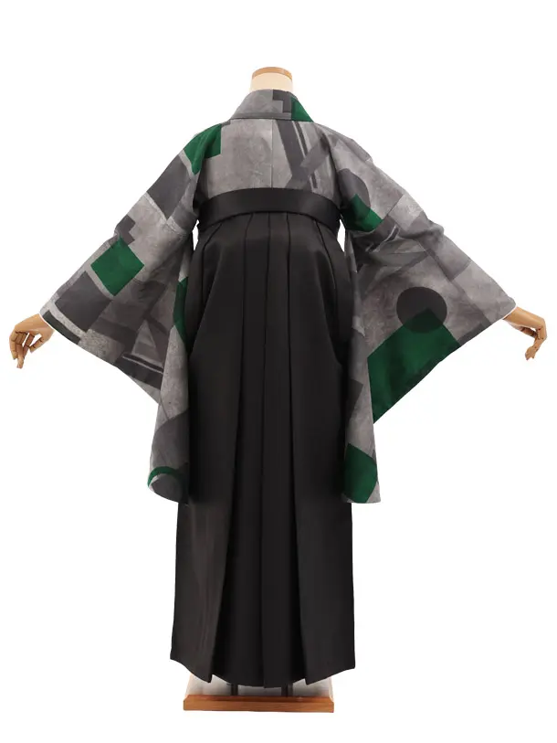 卒業袴T306グレー緑幾何学×黒