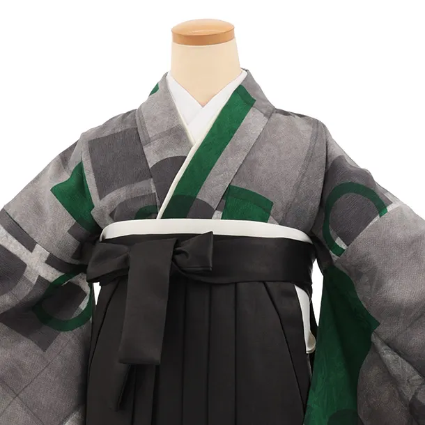 卒業袴T306グレー緑幾何学×黒