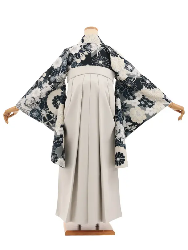 卒業袴T307紺地花づくし×ベージュレザー調　