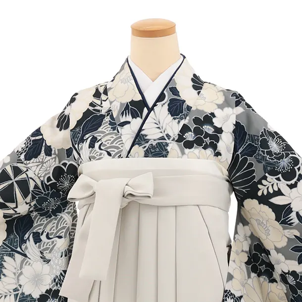 卒業袴T307紺地花づくし×ベージュレザー調　