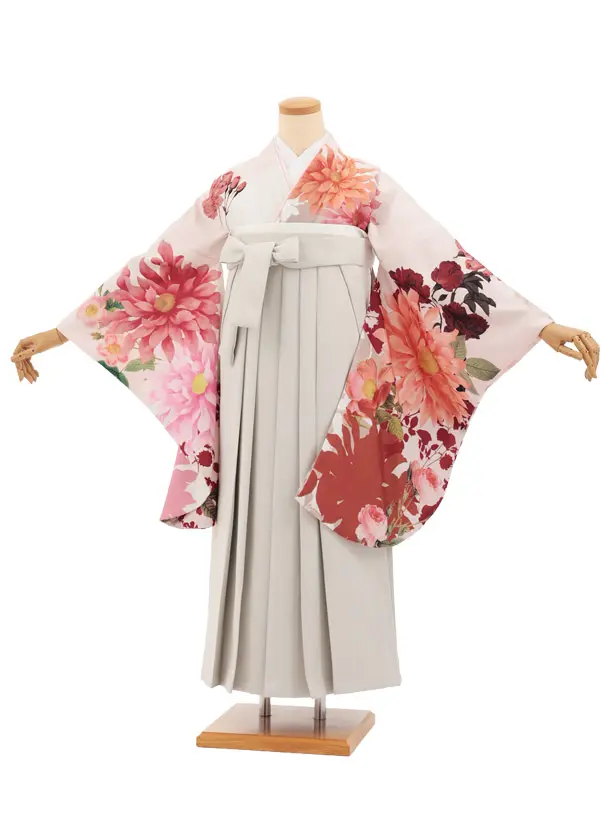 卒業袴T308ペールピンク洋花×ベージュレザー調　