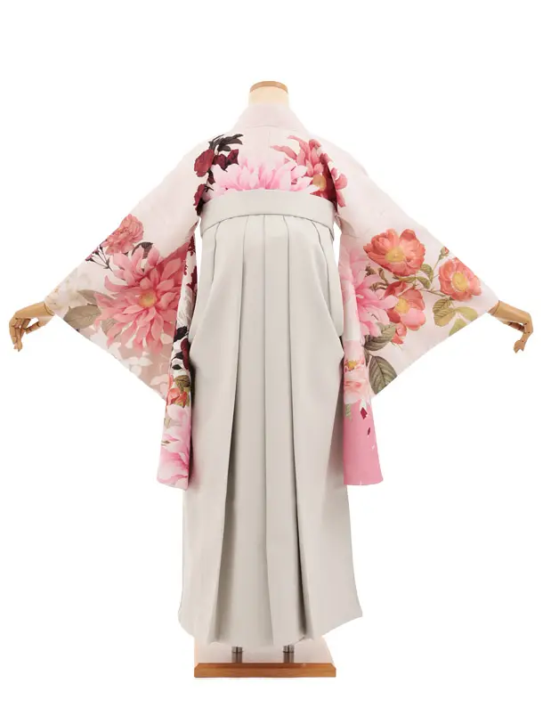 卒業袴T308ペールピンク洋花×ベージュレザー調　
