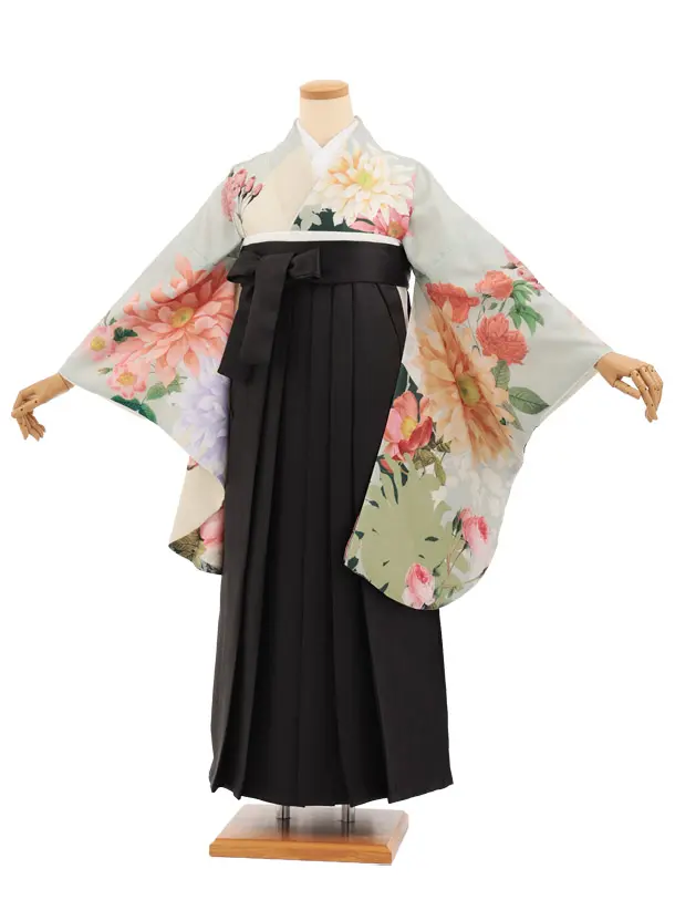 卒業袴T309ペールグリーン洋花×黒レザー調　