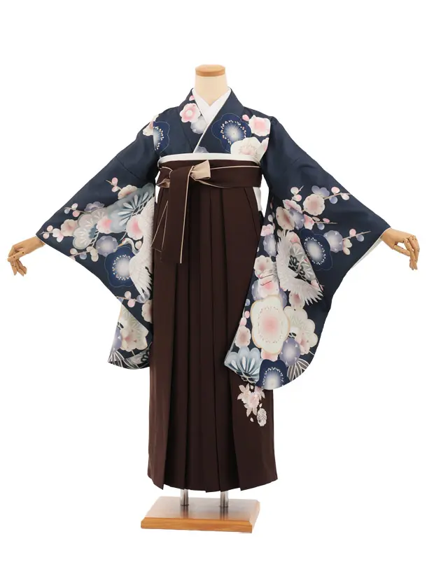 卒業袴T311紺地梅に鶴×ブラウン　