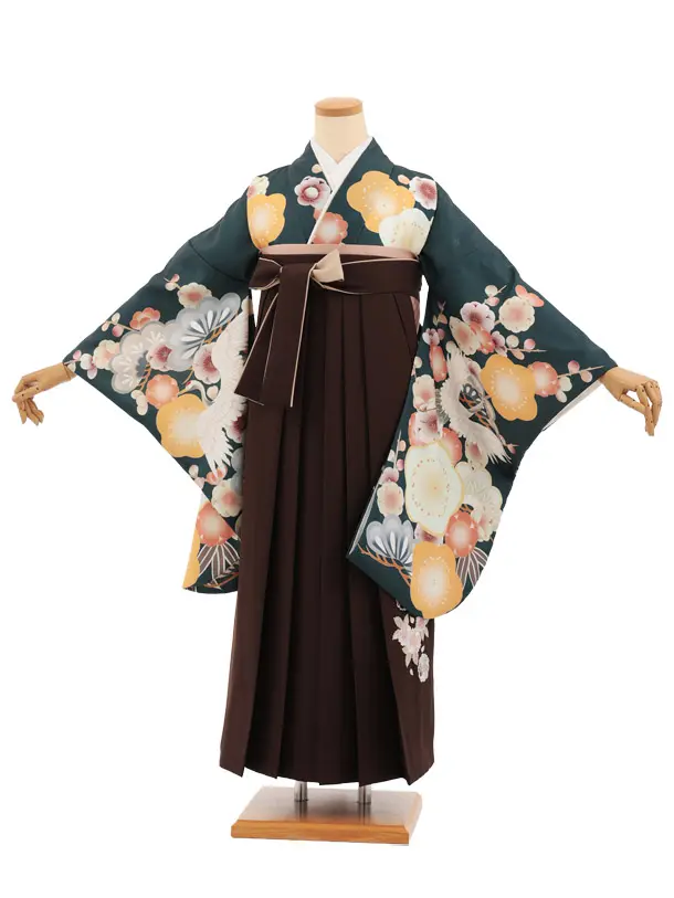 卒業袴T312グリーン梅に鶴×ブラウン　
