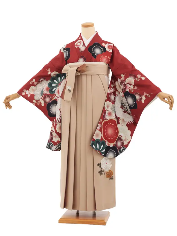 卒業袴T313赤茶梅に鶴×ベージュ　