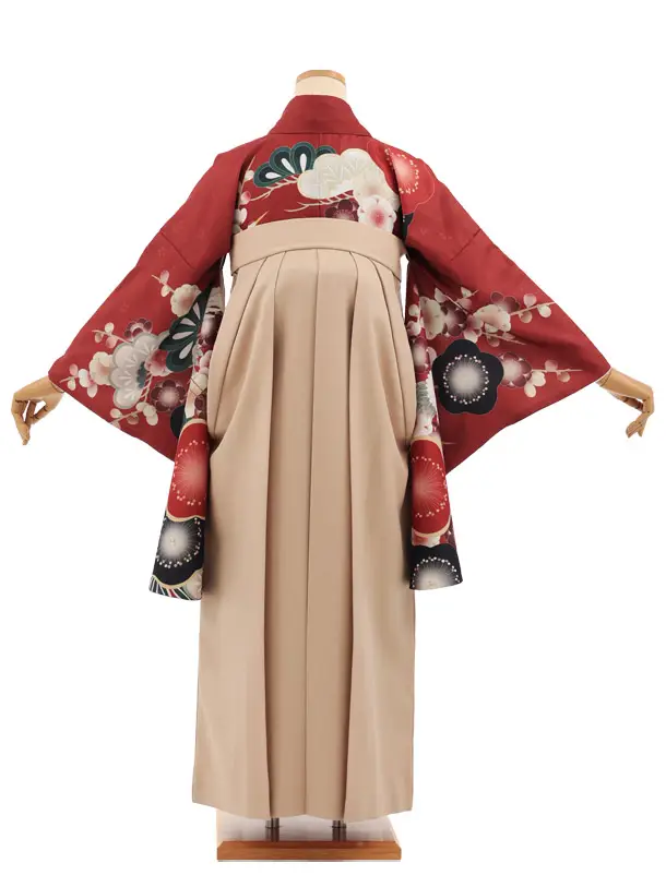 卒業袴T313赤茶梅に鶴×ベージュ　