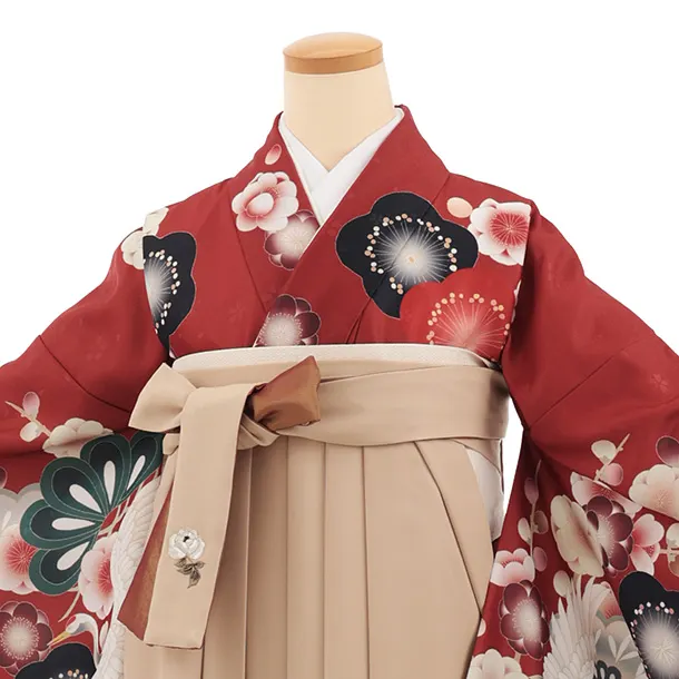卒業袴T313赤茶梅に鶴×ベージュ　