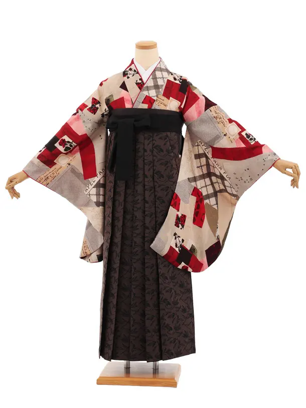 卒業袴T317星間バラベージュ赤×ブラウンリーフ　