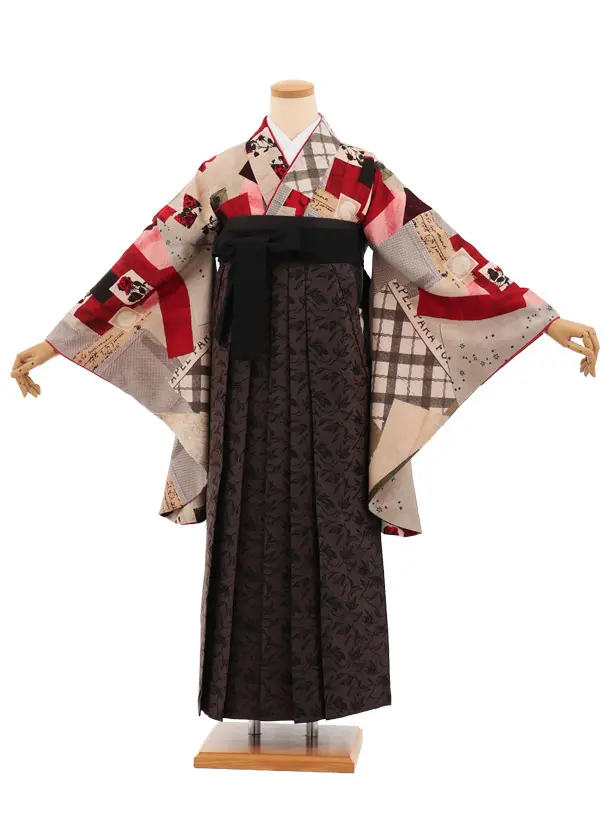 卒業袴T317星間バラベージュ赤×ブラウンリーフ　