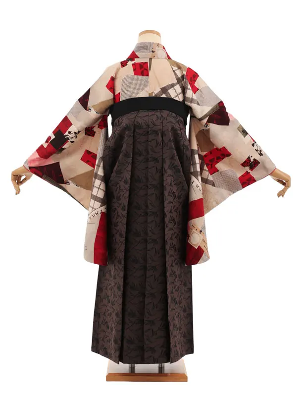 卒業袴T317星間バラベージュ赤×ブラウンリーフ　