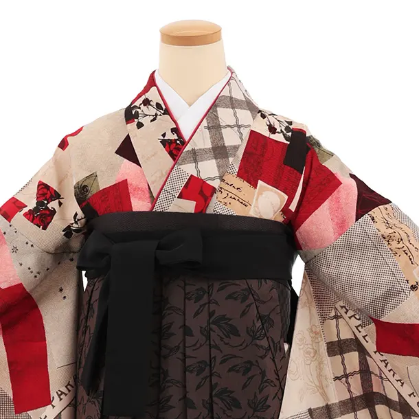 卒業袴T317星間バラベージュ赤×ブラウンリーフ　