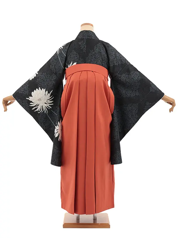 卒業袴T324黒グレーダマスク柄に花×オレンジ　
