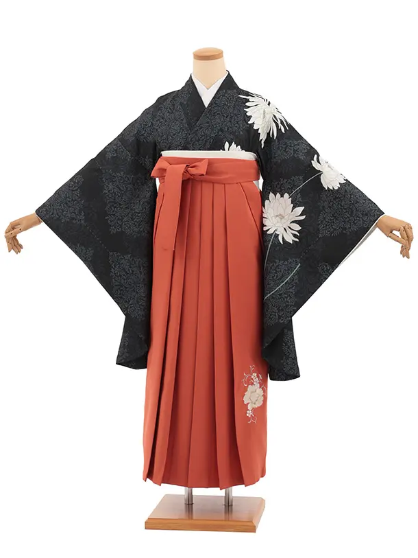 卒業袴T325黒グレーダマスク柄に花×オレンジ　