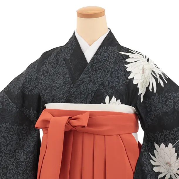 卒業袴T325黒グレーダマスク柄に花×オレンジ　