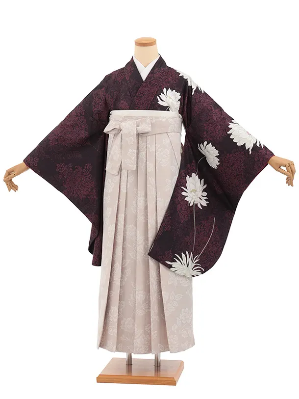 先生,教員向け袴レンタルT326黒パールダマスク柄に花×ベージュ花　
