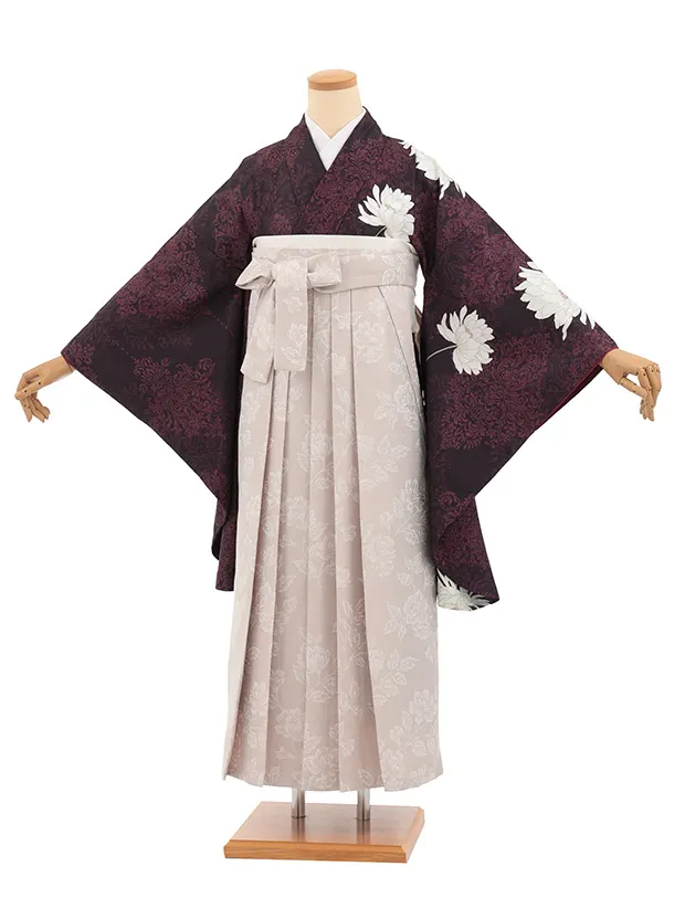 先生,教員向け袴レンタルT326黒パープルダマスク柄に花×ベージュ花　