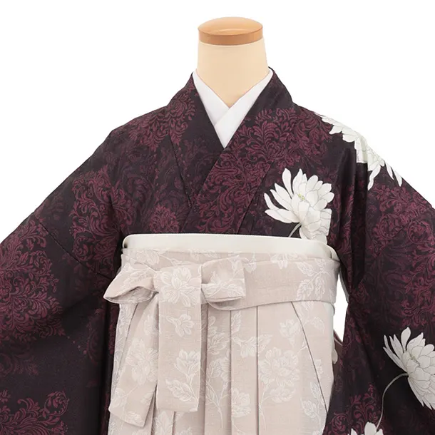 先生,教員向け袴レンタルT326黒パープルダマスク柄に花×ベージュ花　
