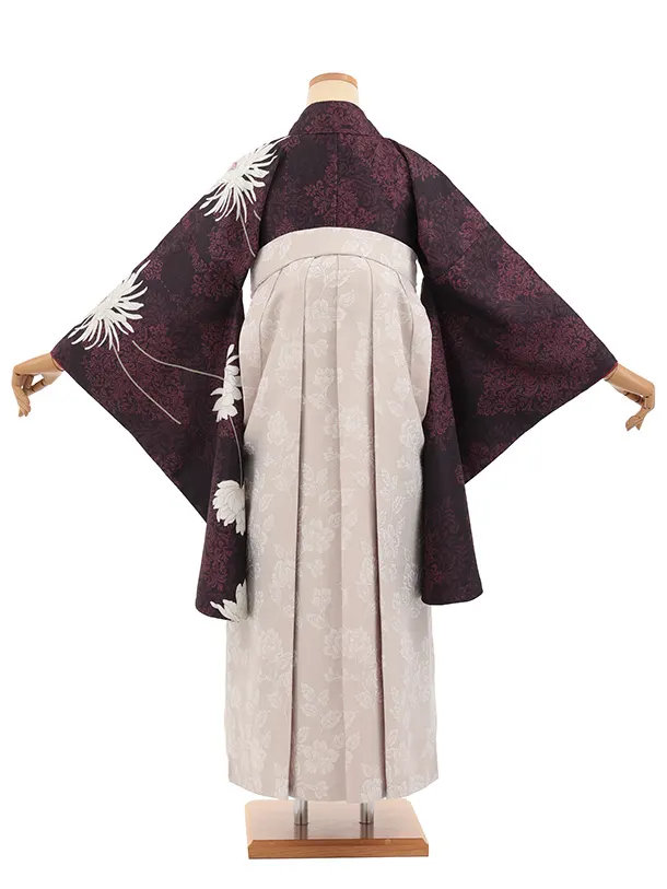 先生,教員向け袴レンタルT327黒パープルダマスク柄に花×ベージュ花　　