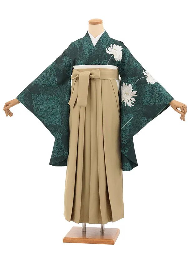 先生,教員向け袴レンタルT328グリーンダマスク柄に花×モカベージュ　