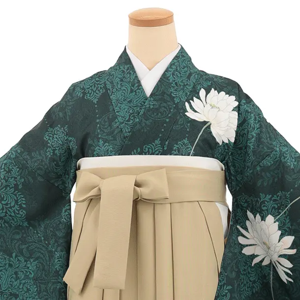 先生,教員向け袴レンタルT328グリーンダマスク柄に花×モカベージュ　