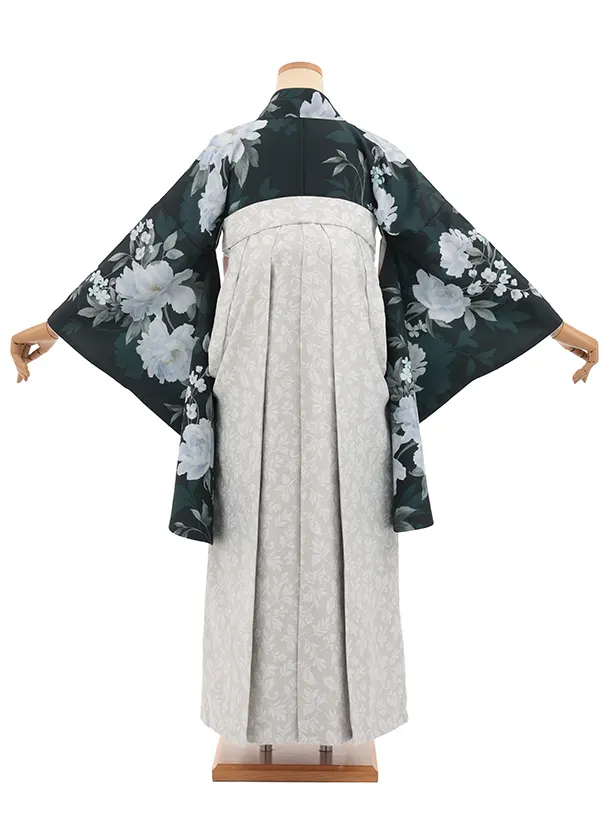 先生,教員向け袴レンタルT329ダークグリーン花グレー花　