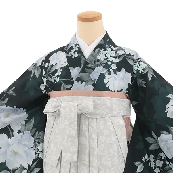 先生,教員向け袴レンタルT329ダークグリーン花グレー花　