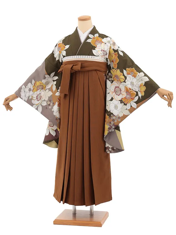 卒業袴T330カーキグリーン花×キャメルブラウンコーデュロイ　