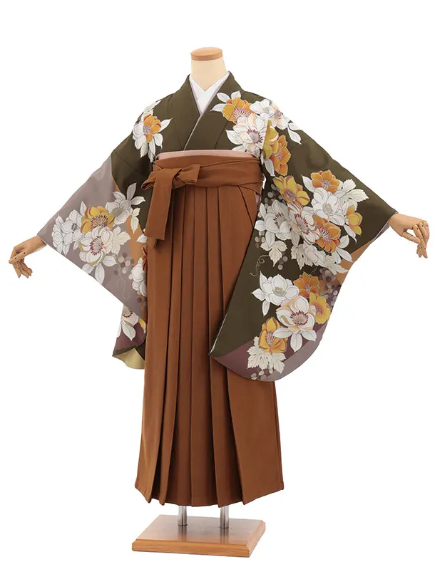 卒業袴T330カーキグリーン花×キャメルブラウンコーデュロイ　