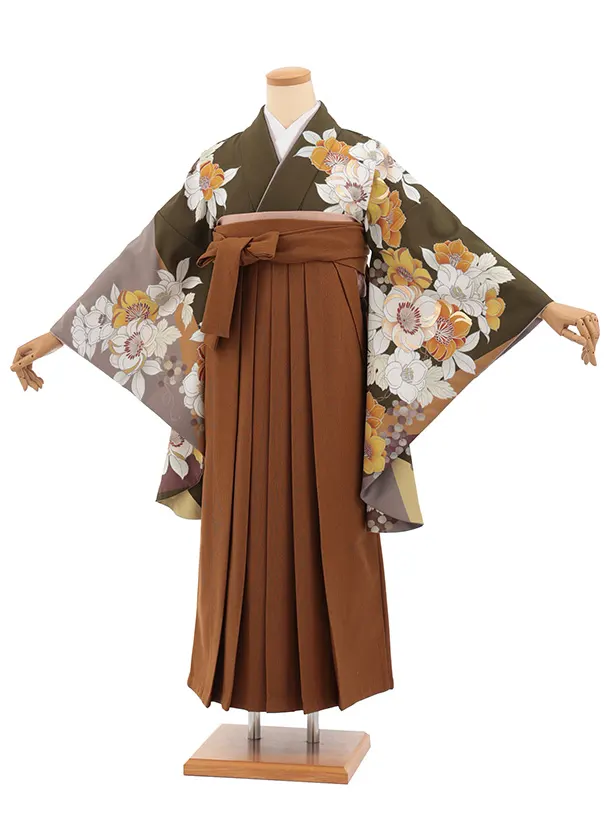 卒業袴T330カーキグリーン花×キャメルブラウンコーデュロイ　